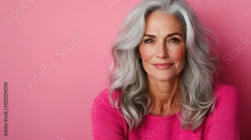 Serene portrait of a mature woman with flowing gray hair, dressed elegantly in pink, exuding charm and sophistication against a gentle pink backdrop.