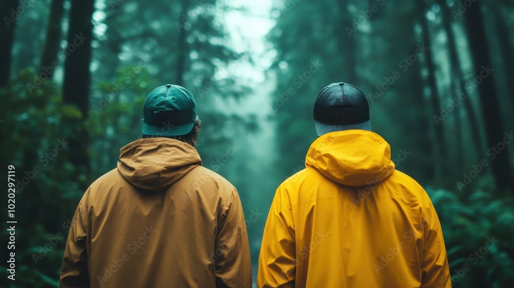 Two individuals stand with their backs to the camera, clad in rain jackets and caps, facing the misty expanse of a dense, green forest, evoking a sense of adventure. Two individuals stand with their backs to the camera, clad in rain jackets and caps, facing the misty expanse of a dense, green forest, evoking a sense of adventure.