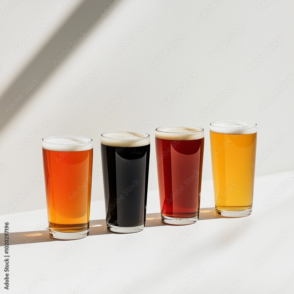 Vibrant Display of Craft Beers in Pint Glasses on White Background Vibrant Display of Craft Beers in Pint Glasses on White Background