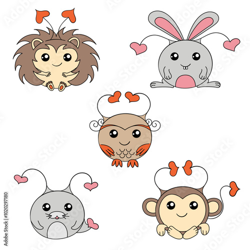 Five cartoon monsters in the form of a hedgehog, hare, owl, seal, monkey with hearts on their horns. Cute multi-coloured aliens. 