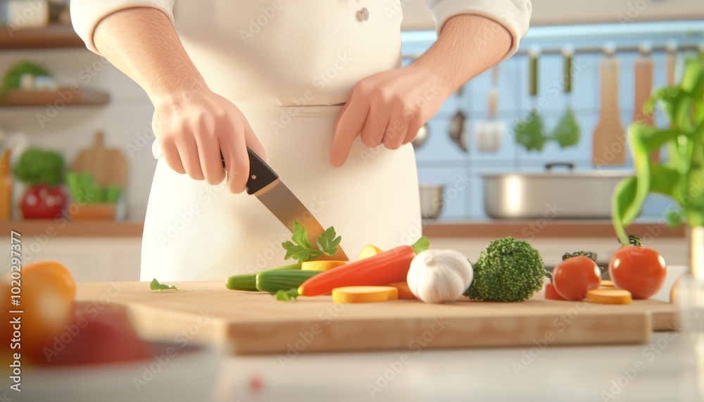 Young chef chopping vegetables in a charming kitchen, surrounded by culinary tools, ideal for cooking tutorials, culinary branding, or animated recipe content Young chef chopping vegetables in a charming kitchen, surrounded by culinary tools, ideal for cooking tutorials, culinary branding, or animated recipe content