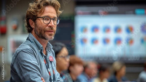 A man with glasses is sitting in a room with a group of people photo