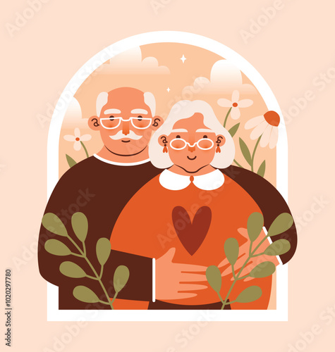 Hugs of old woman and old man. Senior Couple among flowers, plants in garden. International Day of Older Persons. Cute naive illustration of grandparents. Care, support for pensioners. Flat Design.