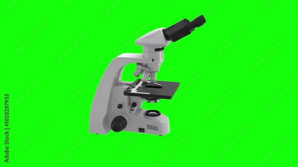 A detailed 3D model of the microscope. A professional magnifying device for microbiology, chemistry, pharmaceuticals and other scientific research. Green screen of chroma key. Isolated. Seamless loop A detailed 3D model of the microscope. A professional magnifying device for microbiology, chemistry, pharmaceuticals and other scientific research. Green screen of chroma key. Isolated. Seamless loop