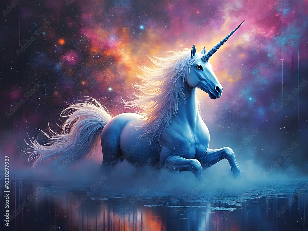 Surreal nebulith unicorn galloping in misty water with colorful galactic background Surreal nebulith unicorn galloping in misty water with colorful galactic background
