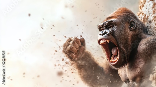 A powerful gorilla is seen in a dynamic pose, showcasing its strength and dominance, against a backdrop of dispersed debris, reflecting intense energy and emotion. photo