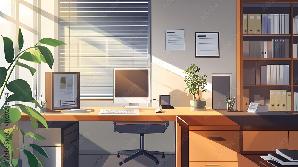 A Bright and Organized Home Office with Sunlight Streaming In A Bright and Organized Home Office with Sunlight Streaming In