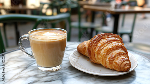 Glass with delicious coffee and croissant lying on table on street terrace in cafe
