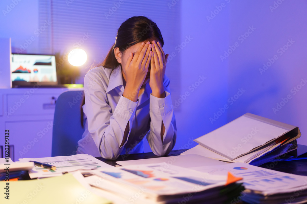 A young woman works overtime at night at her desk in office, using a laptop reviewing documents. is stressed, tired,experiencing headaches,body aches from sitting too long,leading to office syndrome A young woman works overtime at night at her desk in office, using a laptop reviewing documents. is stressed, tired,experiencing headaches,body aches from sitting too long,leading to office syndrome