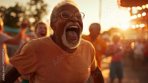 An elderly man enthusiastically enjoys an amusement park ride, capturing a moment of utmost joy and excitement while friends cheer him on. photo