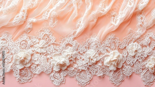 White Lace with Embroidered Flowers on Pink Background