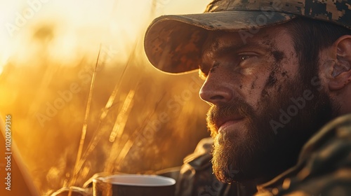 A focused man with a beard, dirt on his face, holding a coffee cup while looking intently at his laptop in a rugged outdoor environment, symbolizing perseverance. photo