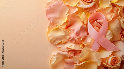 A pink ribbon symbolizing hope lies on a bed of soft, pastel rose petals, conveying a message of awareness and support in a warm, gentle tone. photo