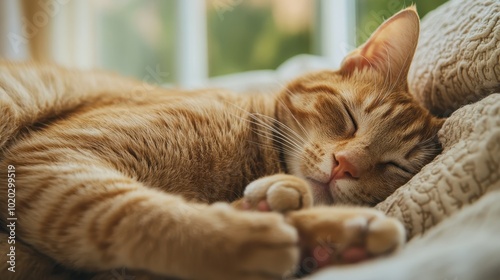 An orange cat is cozily asleep on a soft quilted bedspread, exuding relaxation and tranquility in a sunlit room, conveying an air of peaceful solitude. photo