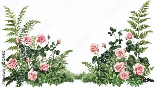 An elegant flower garden with roses and ferns, surrounded by lush green grass, set against a transparent background for use in invitations or marketing.