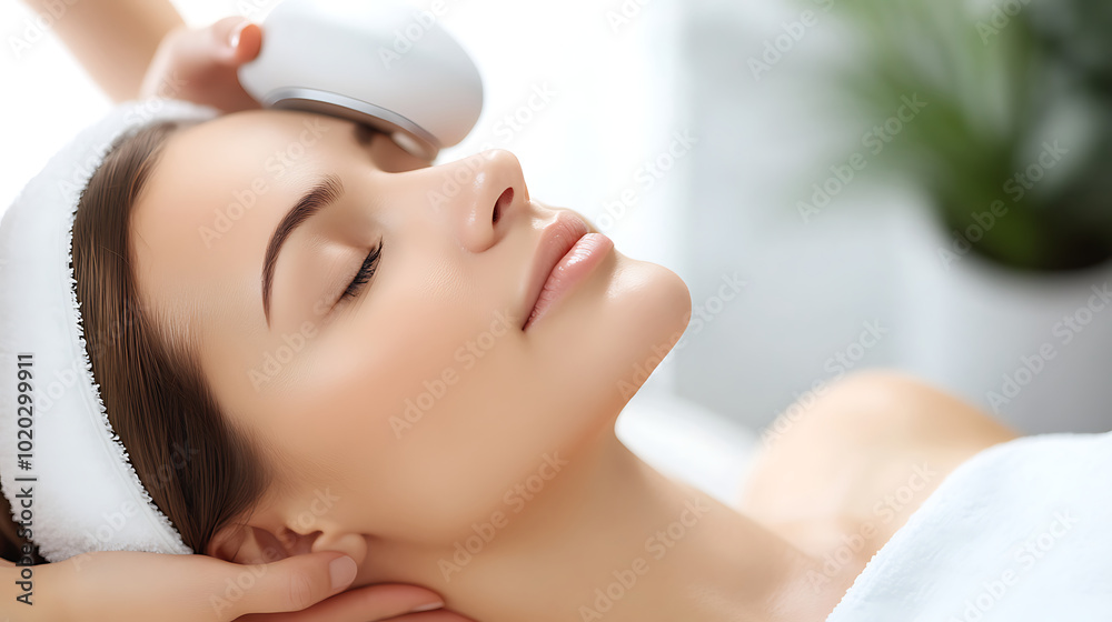 A woman s face during a radiofrequency skin tightening session, skin tightening, nonsurgical lift 