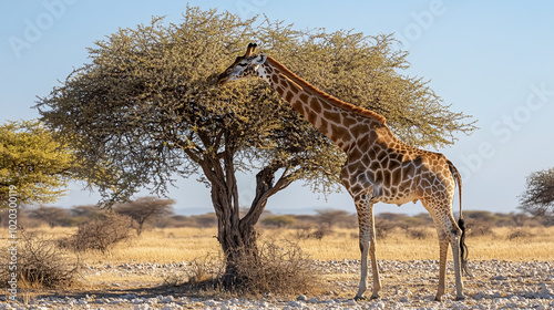 A giraffe eating from a thorn tree in Etosha National Park.