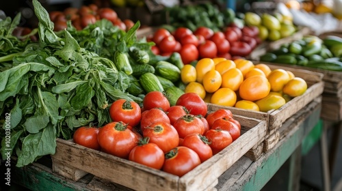 A wide selection of fresh, brightly colored vegetables fills wooden crates at a market stall, offering vibrant produce for sale and reflecting a bountiful harvest season. photo