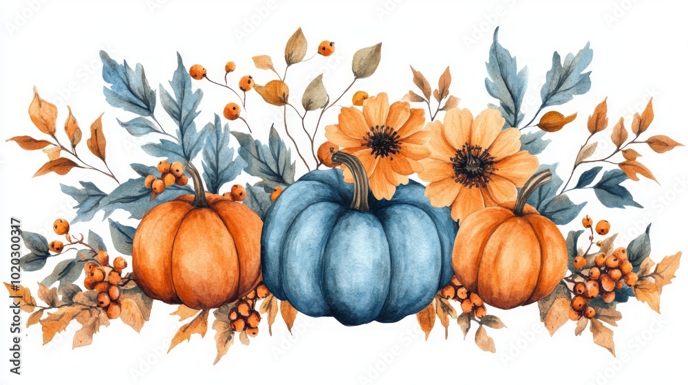 Naklejka premium Watercolor illustration of three pumpkins, two orange and one blue, with autumn leaves and flowers.