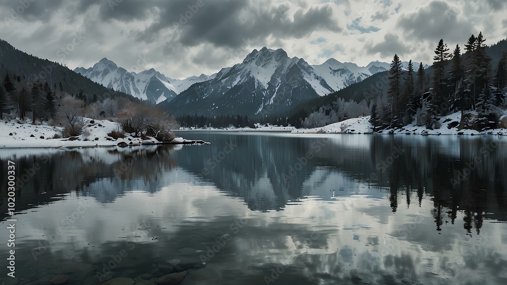 Winter Serenity: A Calm Lake Reflecting Snow-Covered Mountains Winter Serenity: A Calm Lake Reflecting Snow-Covered Mountains