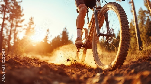 Wallpaper Mural A mountain biker powers through a dusty trail as the sun sets, casting a warm glow and creating a dynamic, adventurous scene full of energy and movement. Torontodigital.ca