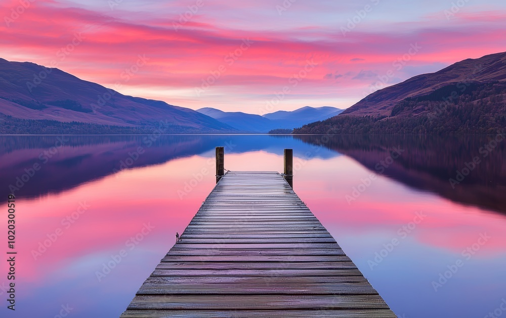 Long wooden dock stretching into a calm lake at sunset, vibrant pink and purple skies reflecting on the water, perfect for peaceful landscape photography or travel inspiration Long wooden dock stretching into a calm lake at sunset, vibrant pink and purple skies reflecting on the water, perfect for peaceful landscape photography or travel inspiration