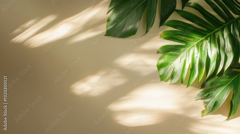 Close-up view of large green leaves casting shadows on a beige wall, highlighting their texture and warmth with soft, diffused natural light enhancing their tranquility.