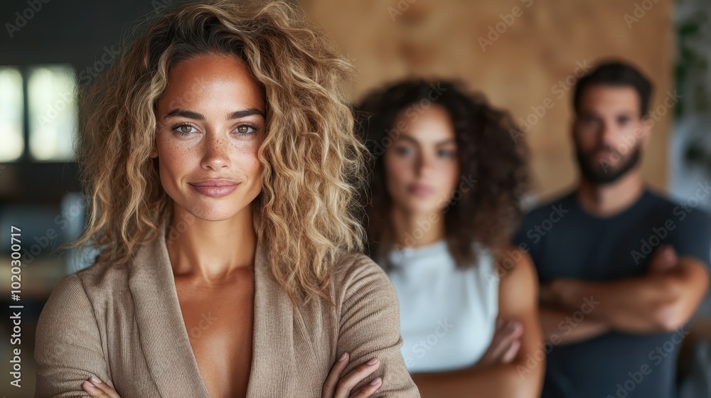A smiling woman stands with confidence in the foreground, while two colleagues are visible behind her, emphasizing teamwork and friendly corporate environment. A smiling woman stands with confidence in the foreground, while two colleagues are visible behind her, emphasizing teamwork and friendly corporate environment.