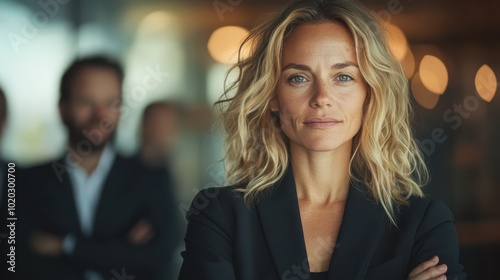 A confident woman stands in focus wearing a suit, with a blurred background of colleagues in an office setting, showcasing leadership and professionalism.