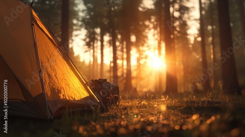 A morning camping scene in the forest features a tent lit from within, set against a beautifully lit forest at dawn, embodying tranquility and the joy of exploration. photo