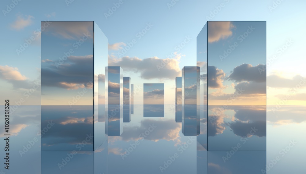 Fototapeta premium Modern glass skyscrapers extending into the horizon, reflecting clouds and sunlight, ideal for corporate advertisements, urban planning, or futuristic city visuals