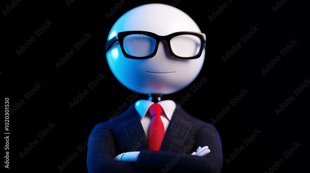 stylish robot in suit and tie, exuding confidence and professionalism, stands with arms crossed against dark background. This AI driven character embodies modern approach to management stylish robot in suit and tie, exuding confidence and professionalism, stands with arms crossed against dark background. This AI driven character embodies modern approach to management