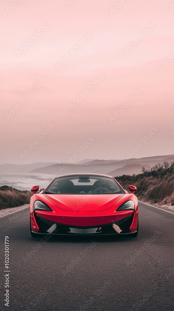Fototapeta premium Sleek red sports car on an empty coastal road, sunset backdrop