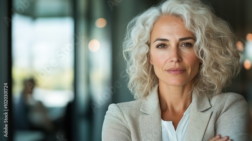 A woman with striking curly hair exudes confidence and poise, standing against a modern office backdrop, illustrating empowerment and leadership in the workplace.