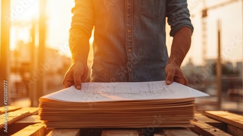 An engineer with blueprints examines the plans intently, standing on a construction site at sunset, showcasing analytical skills and methodical project planning. photo