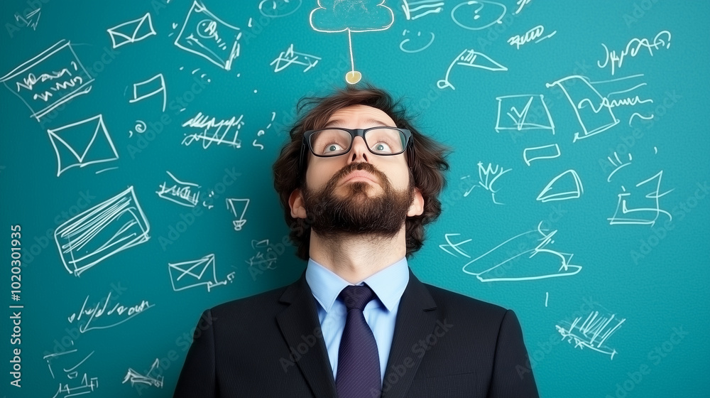 Creative businessman pondering ideas with sketches on wall Creative businessman pondering ideas with sketches on wall