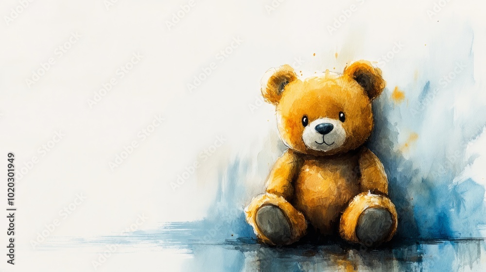 Watercolor painting of a cute teddy bear sitting on a white background with a blue wash behind it. Watercolor painting of a cute teddy bear sitting on a white background with a blue wash behind it.