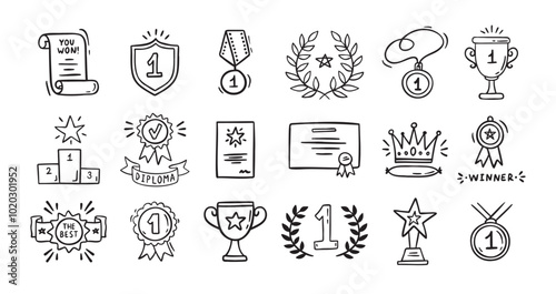 Awards doodle, trophy cups, first place medals and diploma set. Hand drawn champion trophy cup and gold medal. Drawing award decorative isolated icons. 