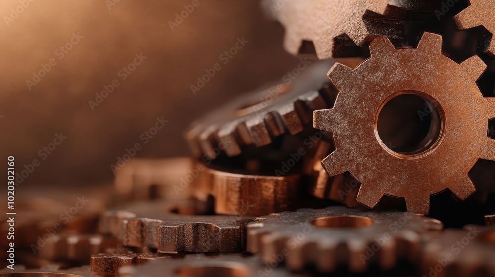 A collection of copper gears stacked on a rustic surface, artfully arranged to highlight their sturdy design and the timelessness of traditional mechanical art. A collection of copper gears stacked on a rustic surface, artfully arranged to highlight their sturdy design and the timelessness of traditional mechanical art.