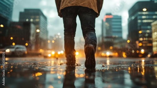 A solitary individual strides down a rain-soaked urban street, stepping through puddles as city lights glow warmly amidst the overcast, atmospheric setting. photo