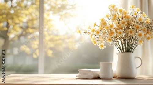A floral arrangement in a pitcher accompanied by books on a sunlit table. The serene setting reflects tranquility and the beauty of simplicity and warmth.