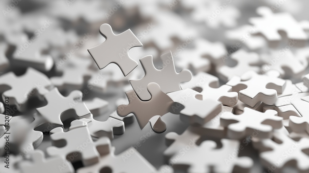 Scattered white puzzle pieces on a gray surface, with a few pieces standing upright in late afternoon light Scattered white puzzle pieces on a gray surface, with a few pieces standing upright in late afternoon light