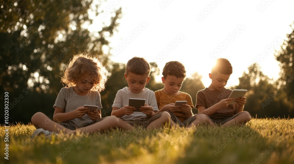 Four young children sit on grass in a row, absorbed with tablet devices, enjoying their digital experience outdoors under the bright sun of late afternoon.