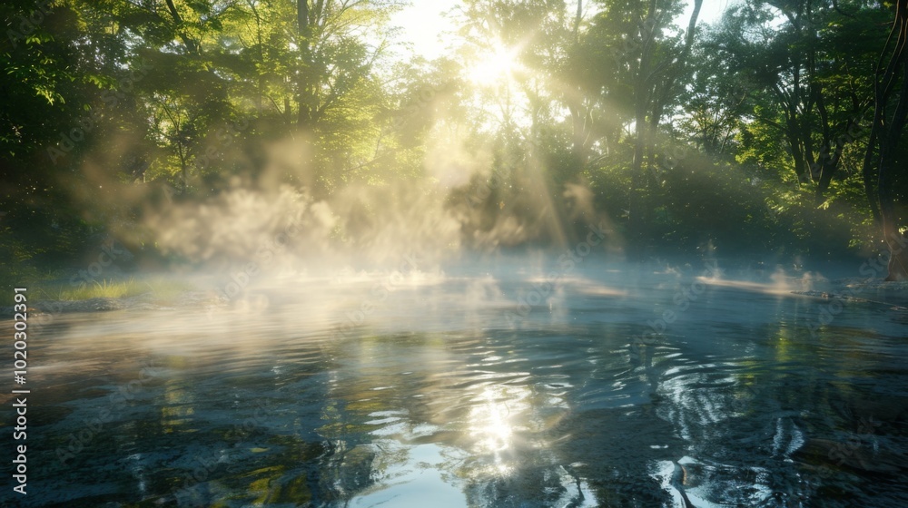 Misty Morning Sun Rays Over a Forest River - Tranquil Nature Scene Misty Morning Sun Rays Over a Forest River - Tranquil Nature Scene