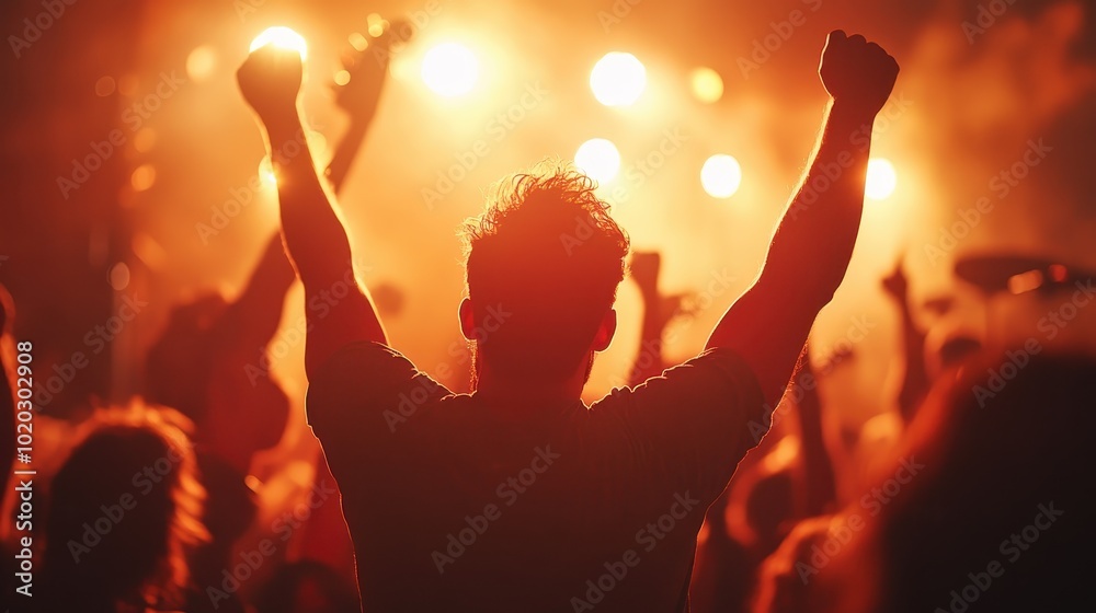 A close-up back view of a concertgoer with arms raised in celebration, surrounded by a vibrant crowd under intense lights, epitomizing music's magnetic allure. A close-up back view of a concertgoer with arms raised in celebration, surrounded by a vibrant crowd under intense lights, epitomizing music's magnetic allure.