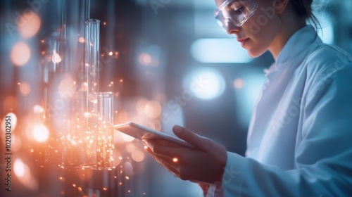 A scientist in a laboratory setting intently examines a sample with precision, highlighting the pursuit of knowledge and scientific discovery in a cutting-edge environment.