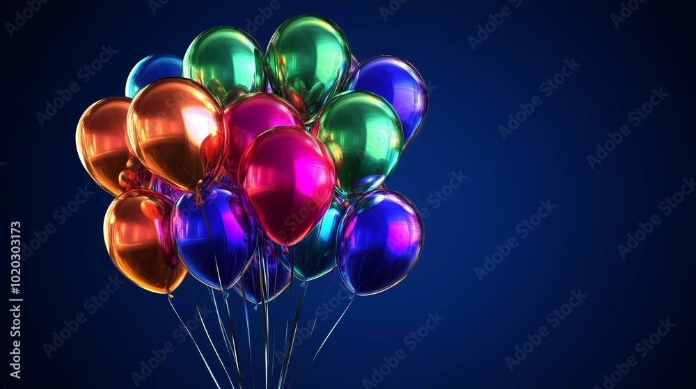 Colorful party balloons floating against a dark blue background for a festive celebration Colorful party balloons floating against a dark blue background for a festive celebration
