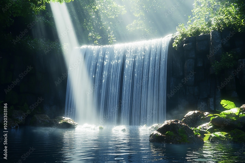Fototapeta premium 3D Waterfall, Radiant light beams detail Background Wallpaper