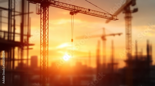 Towering cranes stretch across an urban skyline amid the golden hues of sunset, emphasizing ambitious growth and the relentless advancement of city infrastructure.