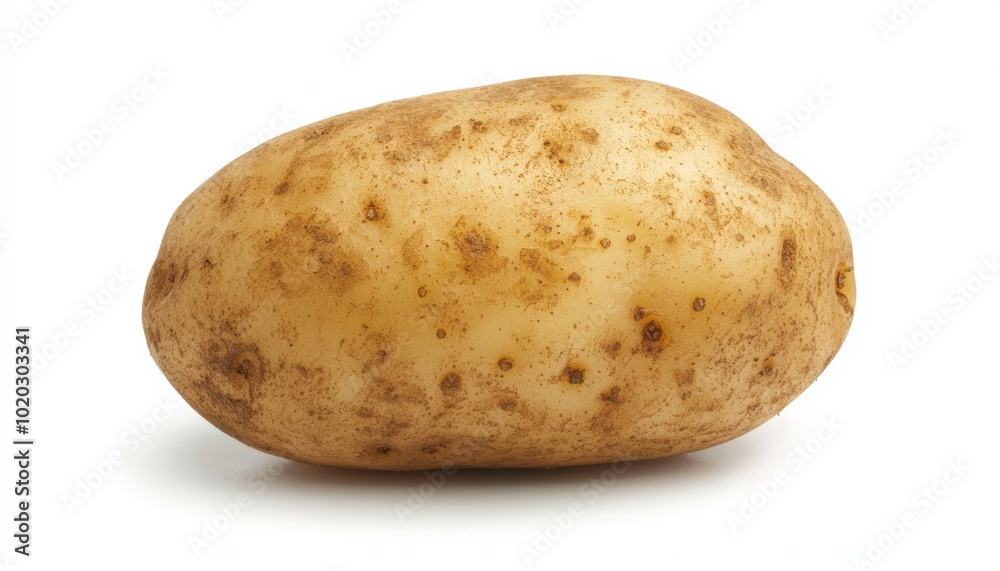 Realistic single potato, isolated on white, earthy tones and rough texture, perfect for agricultural themes, organic food markets, or culinary concepts Realistic single potato, isolated on white, earthy tones and rough texture, perfect for agricultural themes, organic food markets, or culinary concepts